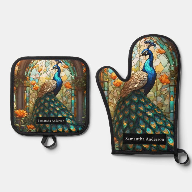 Luxusküche: Glass Peacock Ofenhandschuh & Topflappen-Set (Vorderseite)