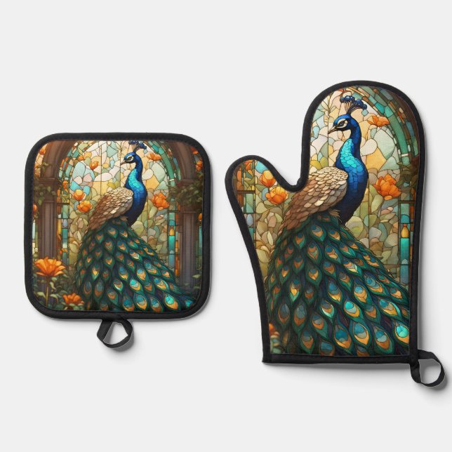 Luxusküche: Glass Peacock Ofenhandschuh & Topflappen-Set (Vorderseite)