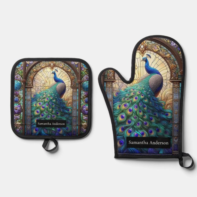 Luxusküche: Glass Peacock Ofenhandschuh & Topflappen-Set (Vorderseite)