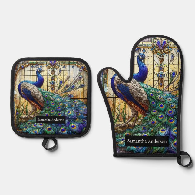 Luxusküche: Glass Peacock Ofenhandschuh & Topflappen-Set (Vorderseite)