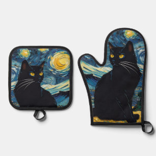 Luxusküche: Schwarze Katze Sternennacht Van Gogh Ofenhandschuh & Topflappen-Set