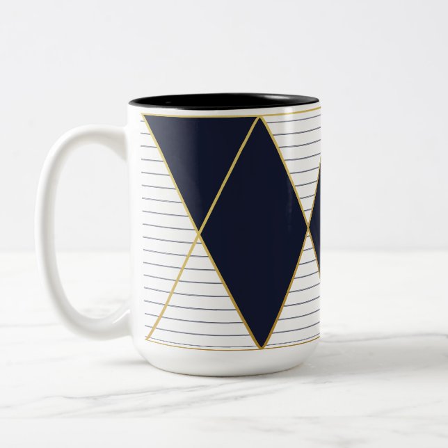 Luxusmarine-Blau-Goldstreifen-Monogramm Zwei-Ton Zweifarbige Tasse (Links)