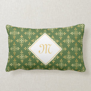 Luxusmonogramm-Grün und Gold Quatre mit Blumen Lendenkissen