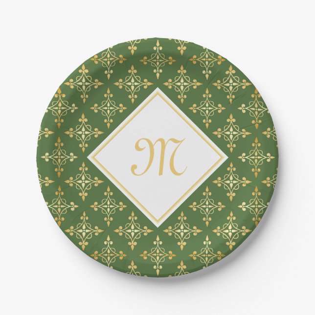 Luxusmonogramm-Grün und Gold Quatre mit Blumen Pappteller (Vorderseite)