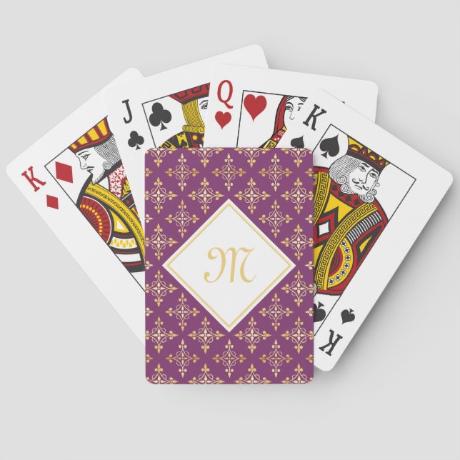 Luxusmonogramm lila und Gold Quatre mit Blumen Spielkarten (Rückseite)