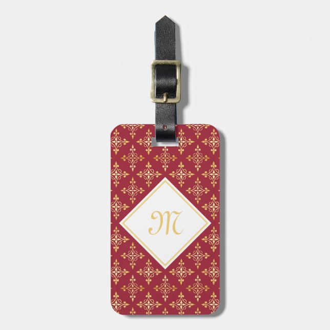 Luxusmonogramm-Rot und Gold Quatre mit Blumen Gepäckanhänger (Vorderseite vertikal)