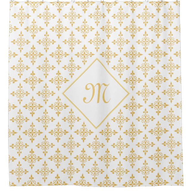 Luxusmonogramm-Weiß und Gold Quatre mit Blumen Duschvorhang (Vorderseite)