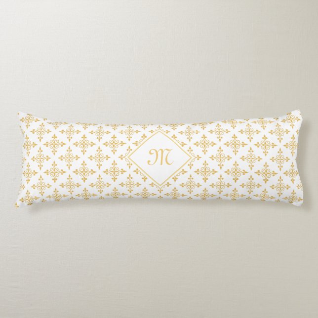 Luxusmonogramm-Weiß und Gold Quatre mit Blumen Seitenschläferkissen (Vorderseite)