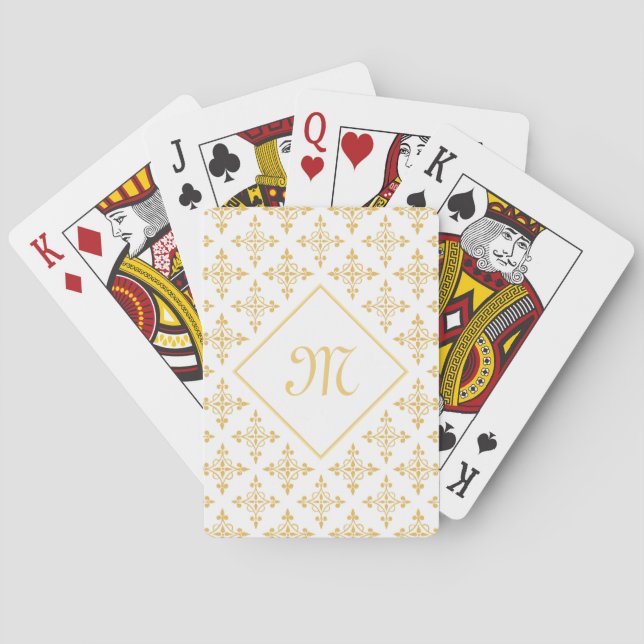 Luxusmonogramm-Weiß und Gold Quatre mit Blumen Spielkarten (Rückseite)