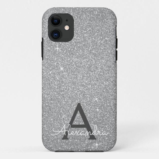 Luxussilber-Glitzer und Sparkle-Monogramm Case-Mate iPhone Hülle (Rückseite)