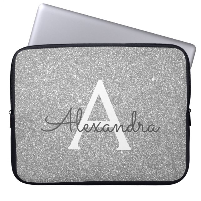 Luxussilber-Glitzer und Sparkle-Monogramm Laptopschutzhülle (Vorderseite)