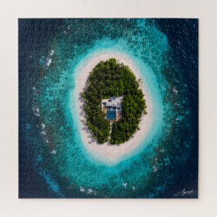 Luxusvilla auf ovaler Insel in Satellitenansicht