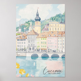 Luzern Schweiz Gouache Illustration Travel Poster