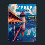 Luzern Schweiz Tourismus Vintag Magnet<br><div class="desc">Luzerner Retrovektor-Reisedesign. Luzern,  eine Kompaktstadt in der Schweiz,  bekannt für ihre bewahrte mittelalterliche Architektur,  liegt inmitten schneebedeckter Berge am Vierwaldstättersee.</div>
