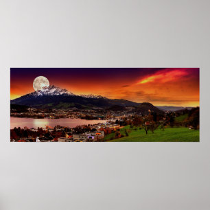 Luzerne die Schweiz u. der Mond über Berg Pilatus Poster