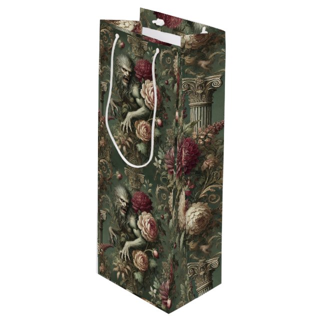 Lycanthropic Verdant - Gotisches Blumendesign Geschenktüte Für Weinflaschen (Vorderseite Schrägansicht)