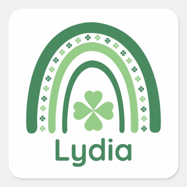Lydia Name Clover Boho Rainbow Quadratischer Aufkleber (Vorderseite)