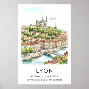Lyon City Druck Aquarell Skyline und Stein Poster
