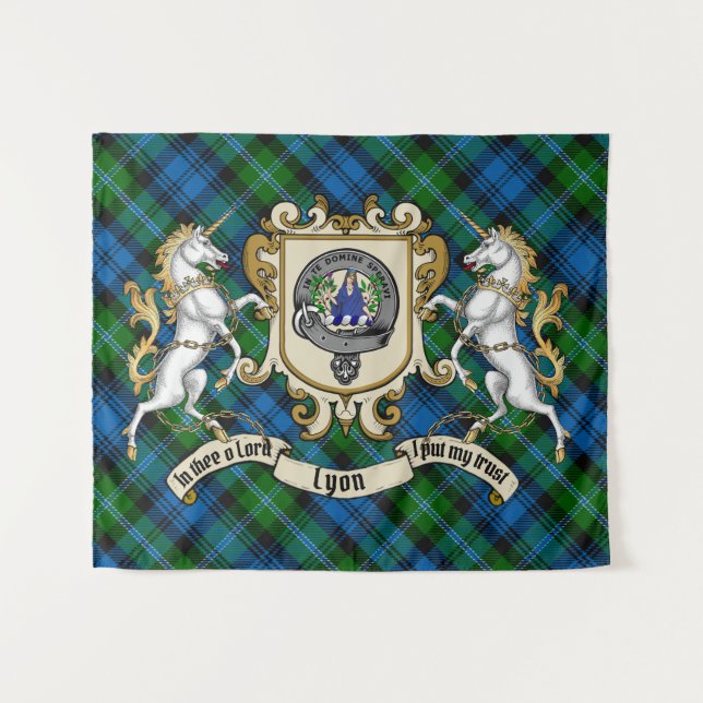 Lyon Clan Abzeichen & Unicorns w/Tartan Wandteppich (Vorderseite (Horizontal))