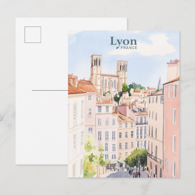 Lyon France Gouache Paint Illustration Travel Postkarte (Vorne/Hinten)