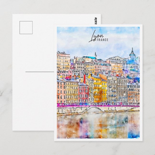 Lyon France Travel Place Watercolor Postkarte (Vorne/Hinten)