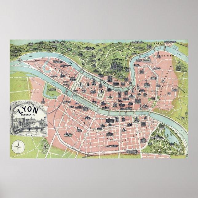 Lyon Monumental Map Garnier Freres Paris 1894 Poster (Vorne)