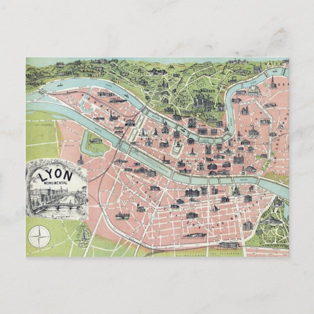 Lyon Monumental Map Garnier Freres Paris 1894 Postkarte (Vorderseite)