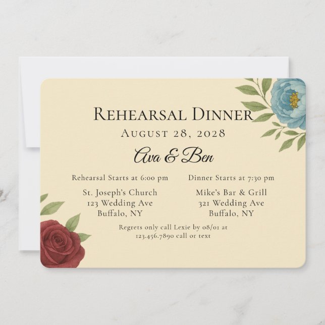 Lyons Blue & Dark Red Peony Probe Dinner Einladung (Vorderseite)