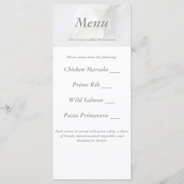 lys calla blanche sur lin carte menu mariage (Devant)