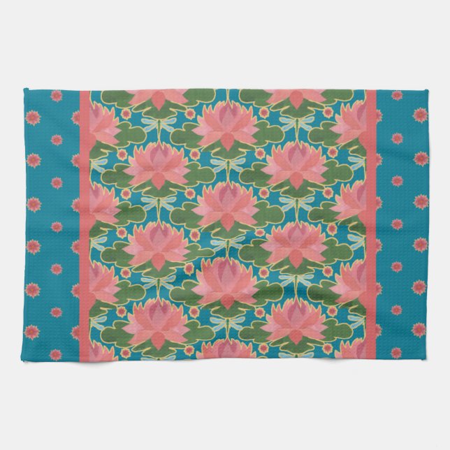 Lys d'eau rose, libellules bleues : Serviette de c (Horizontal)