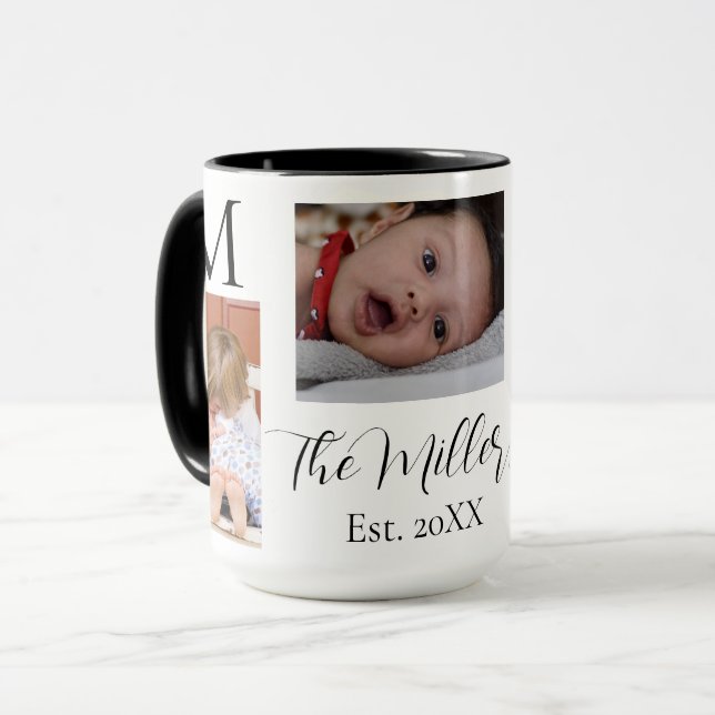 M9odern onogram Family Foto Collage Personalisiert Tasse (Vorderseite Links)