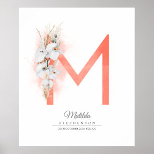 M Buchstabe Monogramm Weiße Orchideen und Pampasgr Poster
