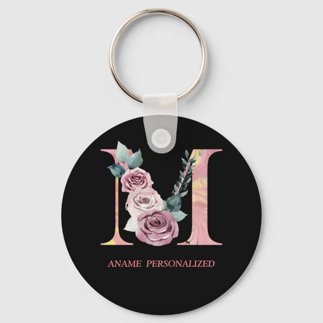 M Floral Monogram Name Letters Pink Agate Schlüsse Schlüsselanhänger (Vorderseite)
