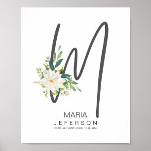 M Initialen Monogramm Rosafarbenes Florales Dekor Poster
