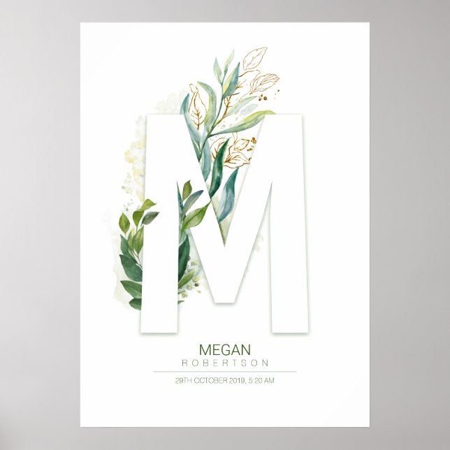M Letter Monogram Gold Greenerage Foliage Chic Poster (Vorne)