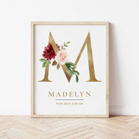 M Letter Monogram Name Marsala Floral Kinderzimmer