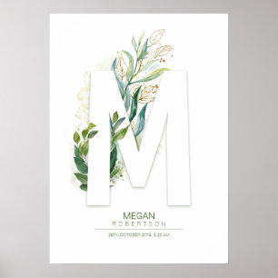 M Letter Monogramm Gold Grünpflanze Chic Poster
