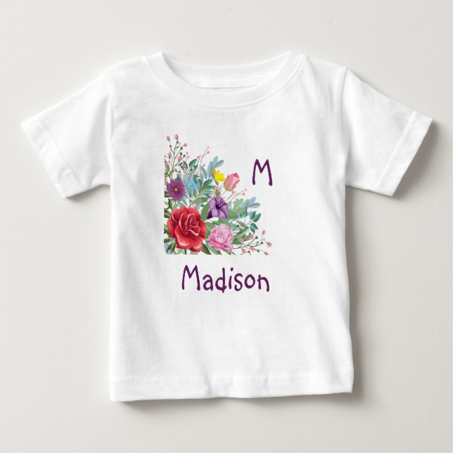 M Madison Personalisiere Initialname, Rose Blume Baby T-shirt (Vorderseite)