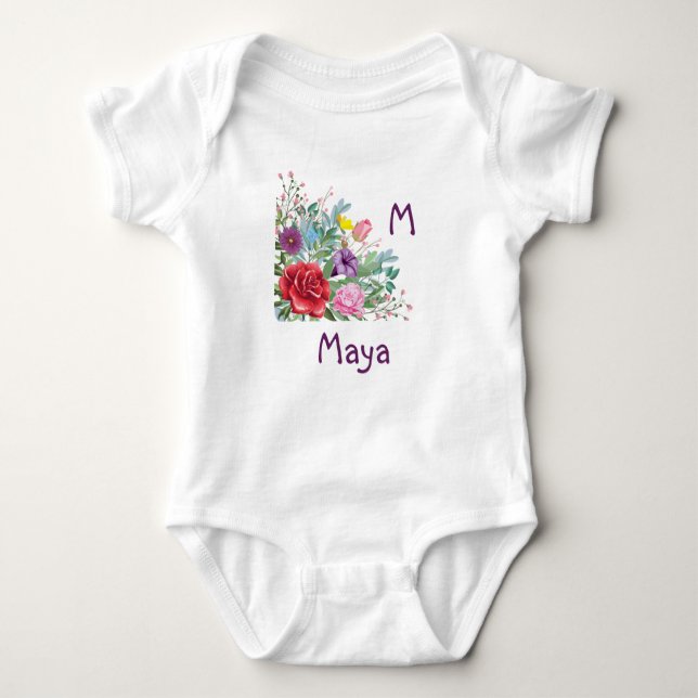 M Maya Personalize Initialname, Rose Blume Baby Strampler (Vorderseite)