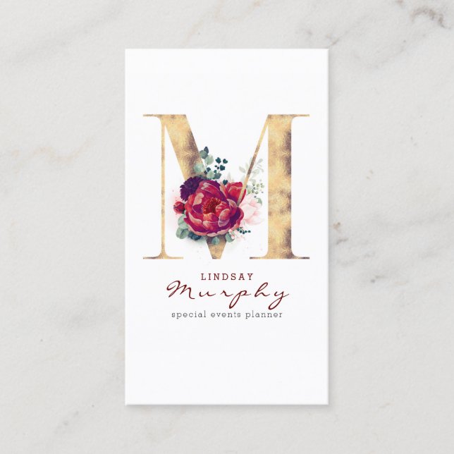 M Monogram Burgundy Red Blume und Gold Glitzer Visitenkarte (Vorderseite)