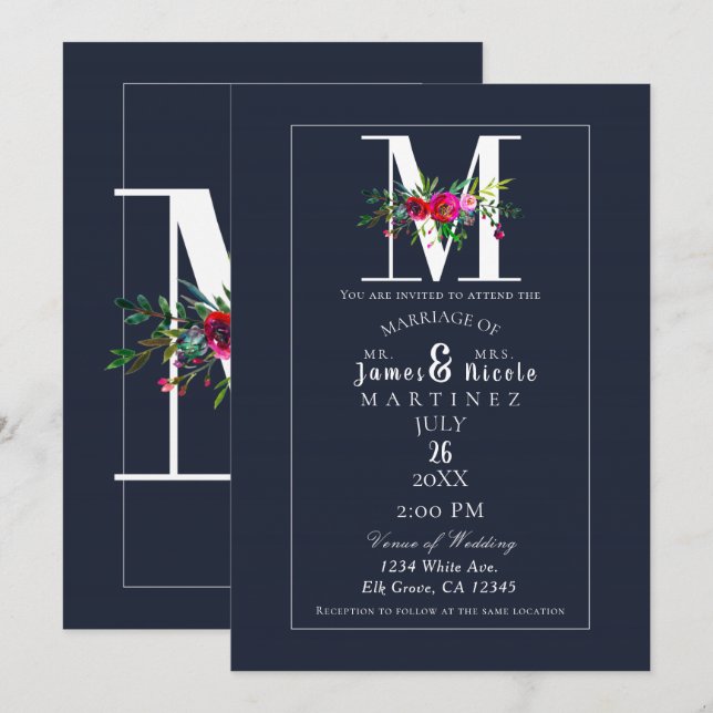 M Monogram Letzte erste Hochzeit mit moderner Blau Einladung (Vorne/Hinten)