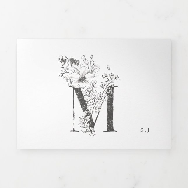 'M' Monogram Schöne gezeichnete Blumenhochzeit Dreifach Gefaltete Einladung (Cover)
