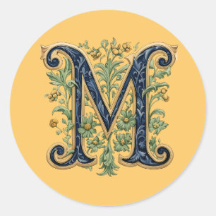 M monogramm-blaugoldene Blume Runder Aufkleber