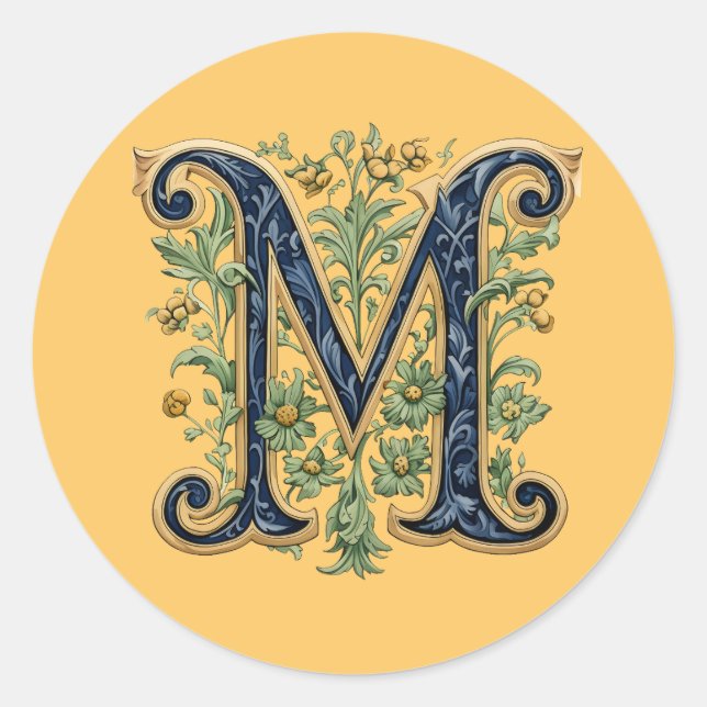 M monogramm-blaugoldene Blume Runder Aufkleber (Vorderseite)