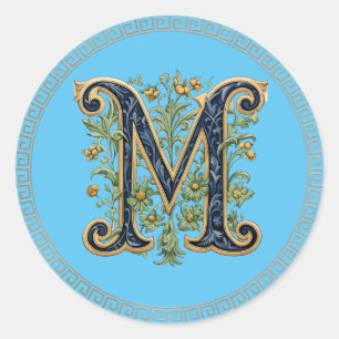 M monogramm-blaugoldene Blume Runder Aufkleber