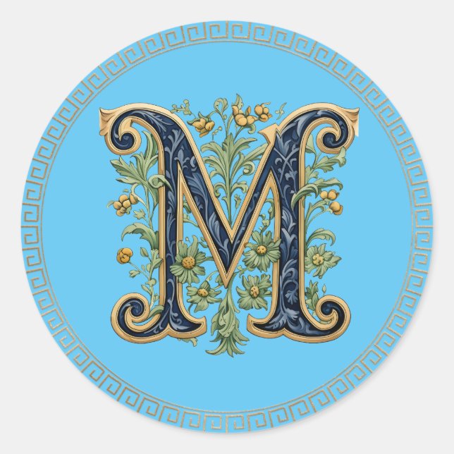 M monogramm-blaugoldene Blume Runder Aufkleber (Vorderseite)