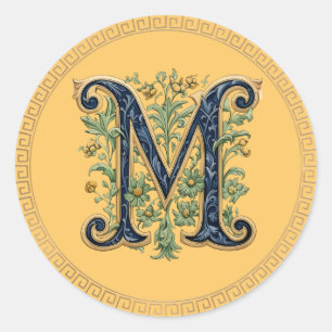 M monogramm-blaugoldene Blume Runder Aufkleber