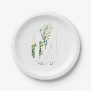 M Monogramm Gold Grünzeug Blätter Eleganter Name Pappteller