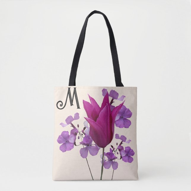 M Monogramm hübsche Pink-Tulpe-Blume lila gürtelar Tasche (Vorderseite)