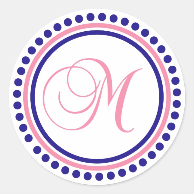 M Monogramm (Navy Blue/Pink Dot Circle) Runder Aufkleber (Vorderseite)